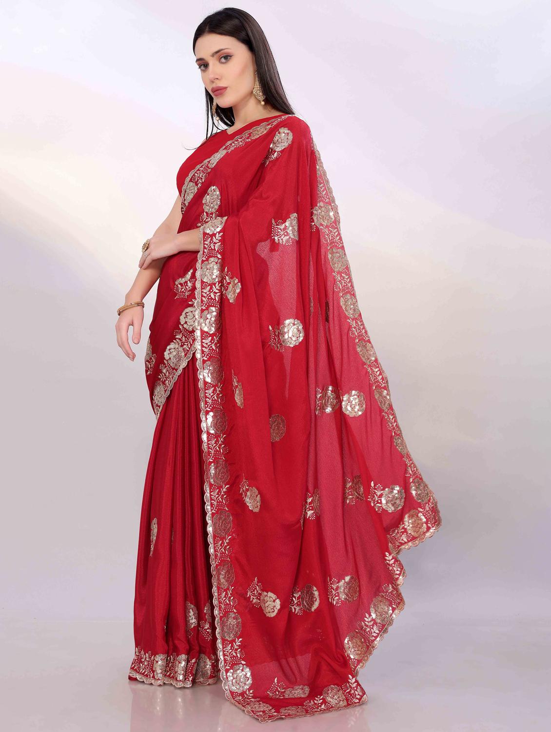 women red embroidered saree with blouse - 22021329 -  Standard Image - 1