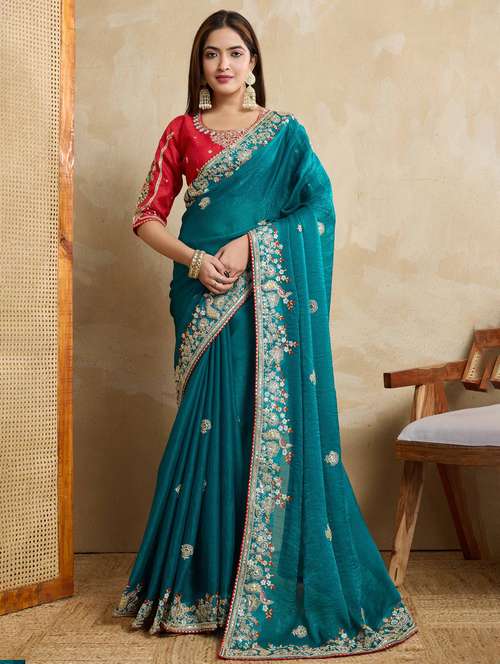 women solid with work embroidered saree with blouse - 22021331 -  Standard Image - 0