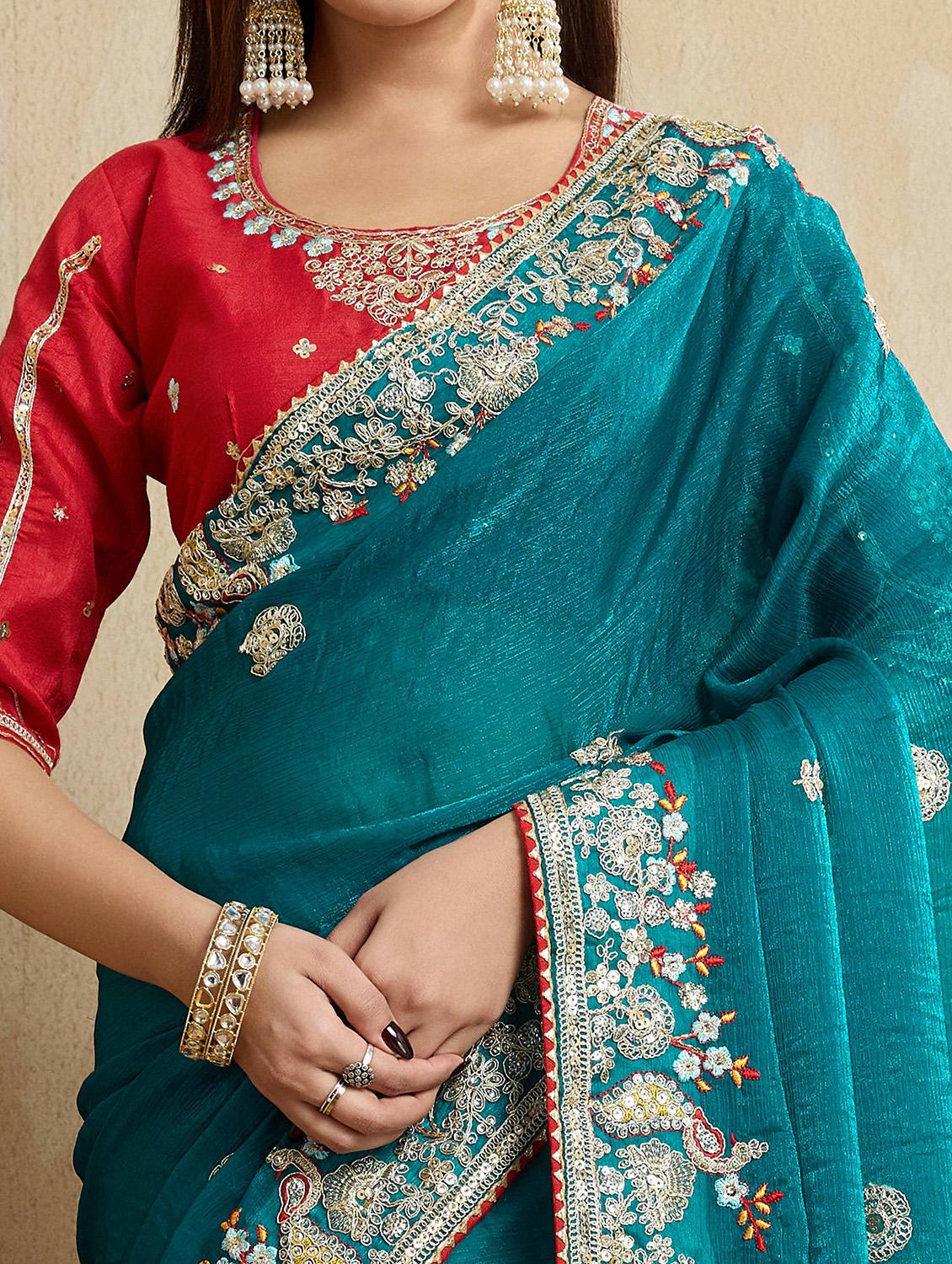 women solid with work embroidered saree with blouse - 22021331 - Standard Image - 4