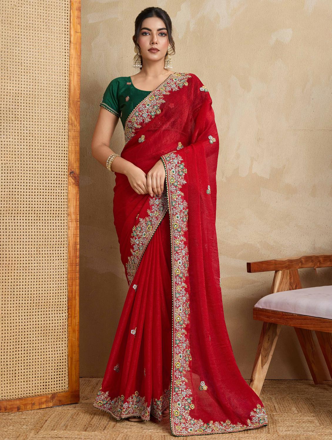 women solid with work embroidered saree with blouse - 22021333 -  Zoom Image - 0