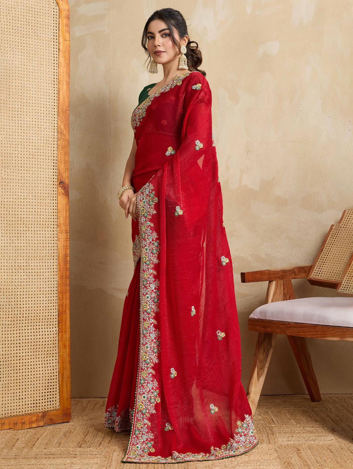 women solid with work embroidered saree with blouse - 22021333 -  Standard Image - 1