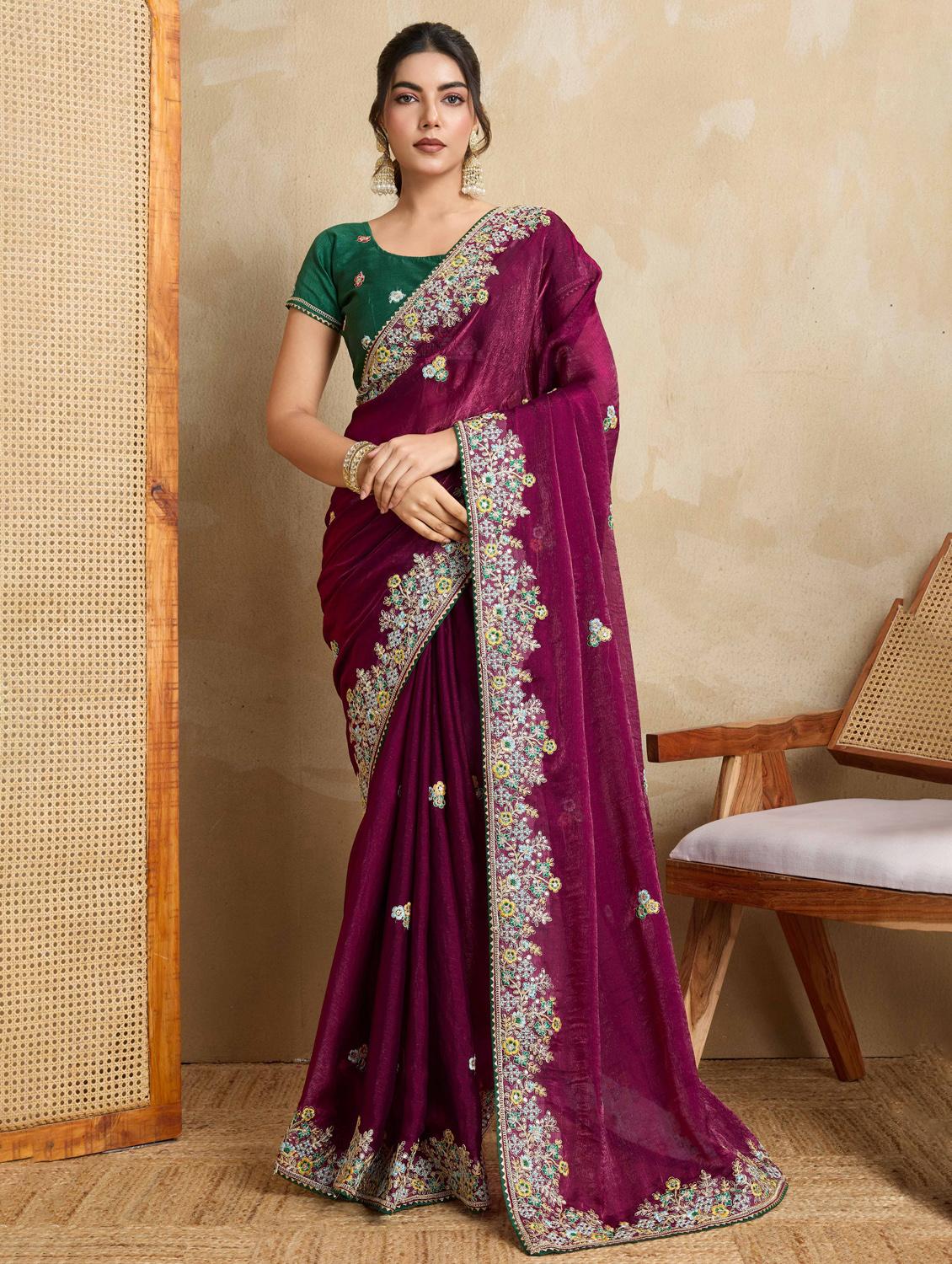 women solid with work embroidered saree with blouse - 22021335 - Zoom Image - 0