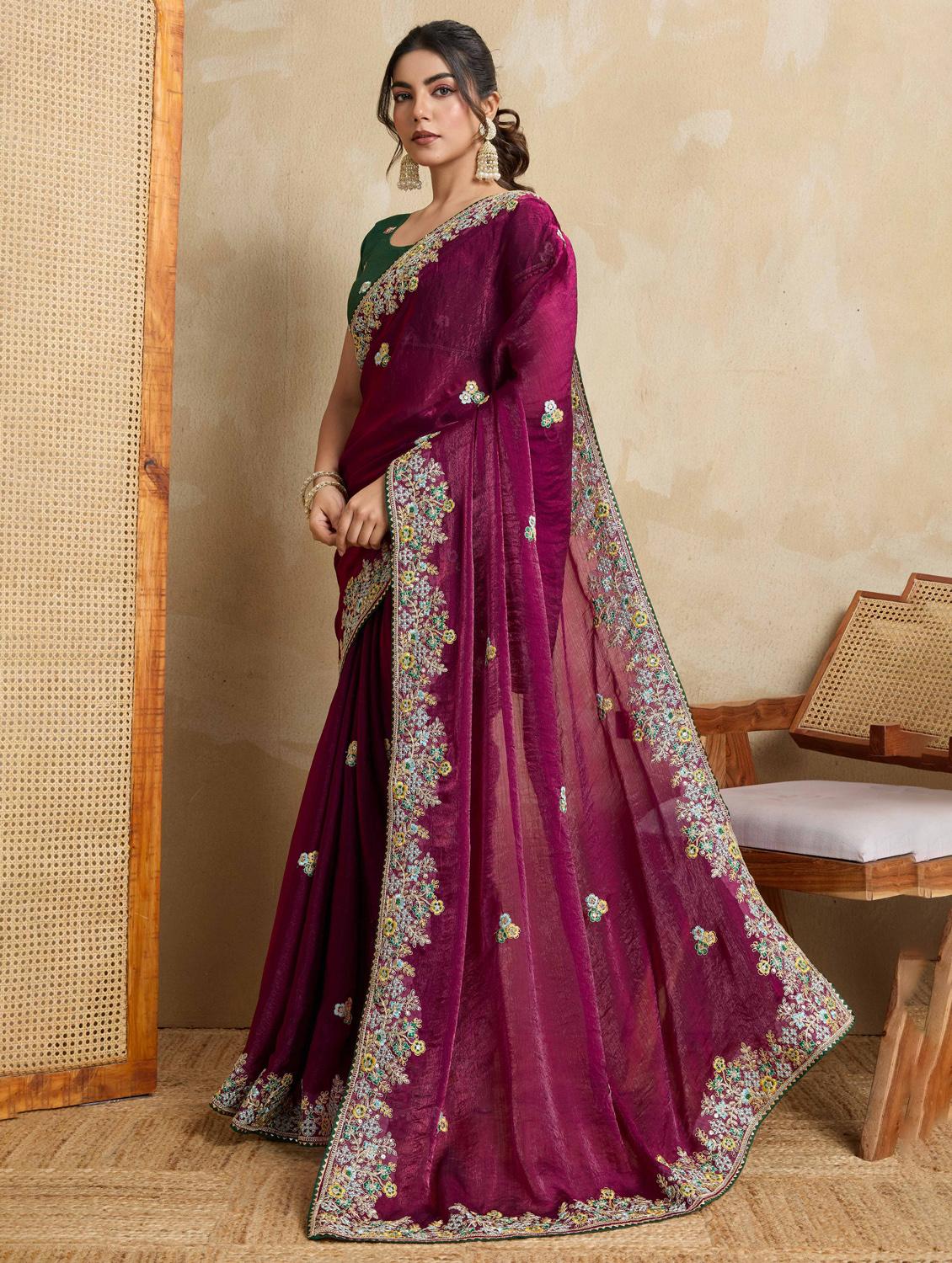 women solid with work embroidered saree with blouse - 22021335 - Standard Image - 1