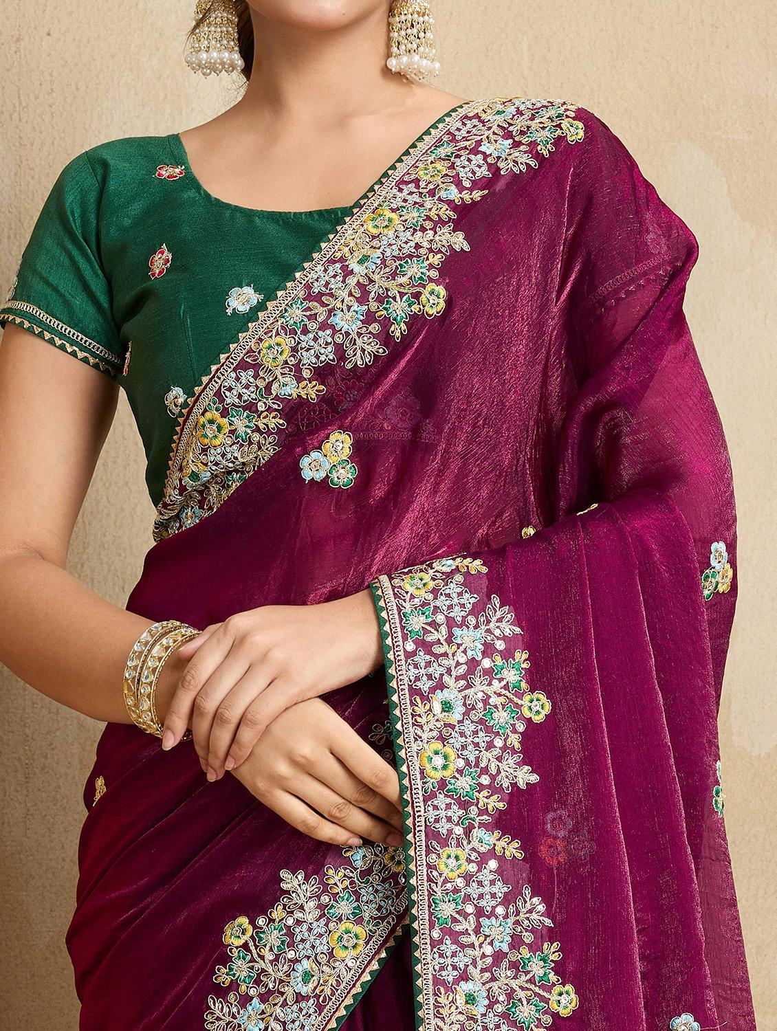 women solid with work embroidered saree with blouse - 22021335 - Standard Image - 4