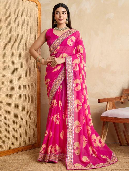 women tie & dye printed bordered saree with blouse - 22021336 - Standard Image - 0