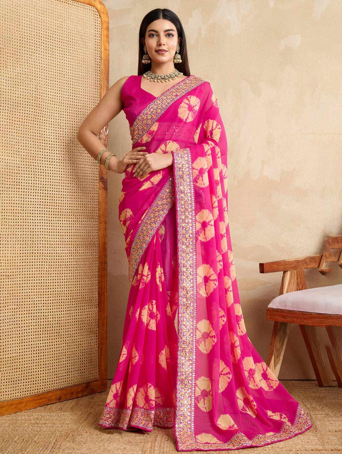 women tie & dye printed bordered saree with blouse - 22021336 - Zoom Image - 0