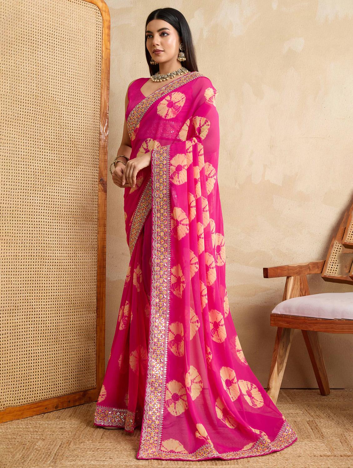 women tie & dye printed bordered saree with blouse - 22021336 -  Standard Image - 1