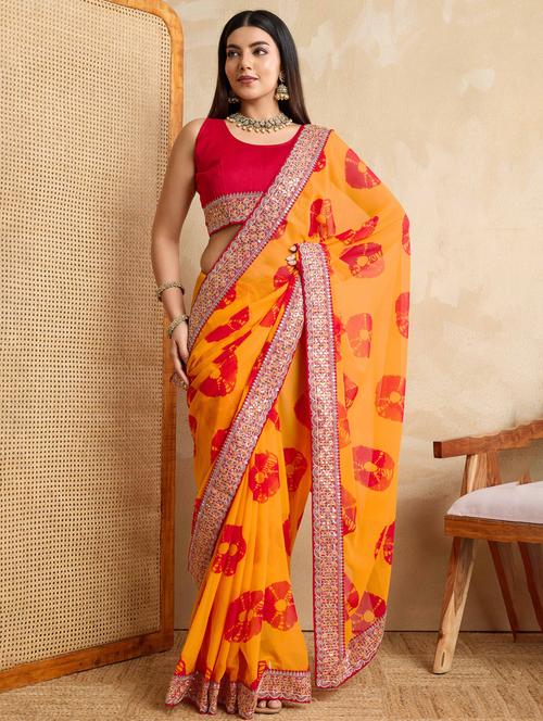 women tie & dye printed bordered saree with blouse - 22021337 - Standard Image - 0