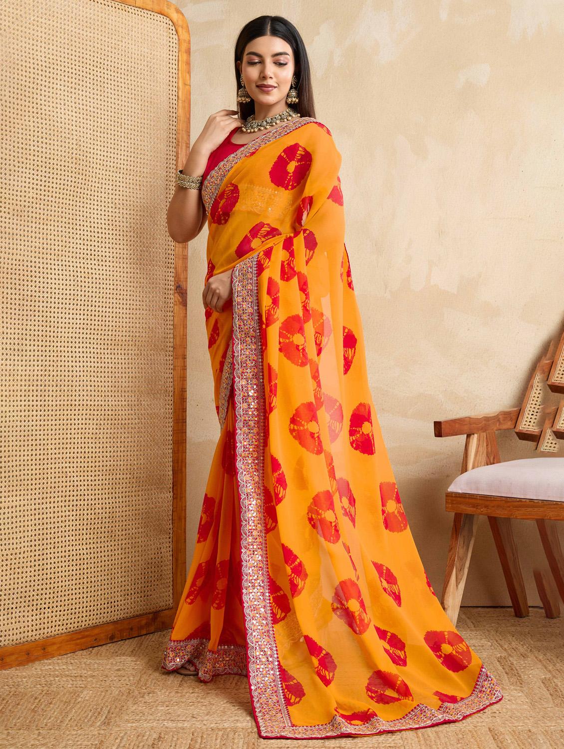 women tie & dye printed bordered saree with blouse - 22021337 - Standard Image - 1