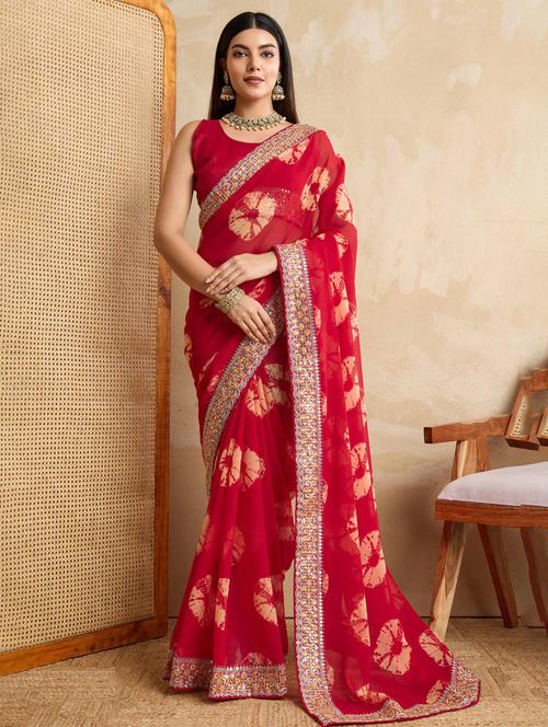 women tie & dye printed bordered saree with blouse - 22021338 - Standard Image - 0