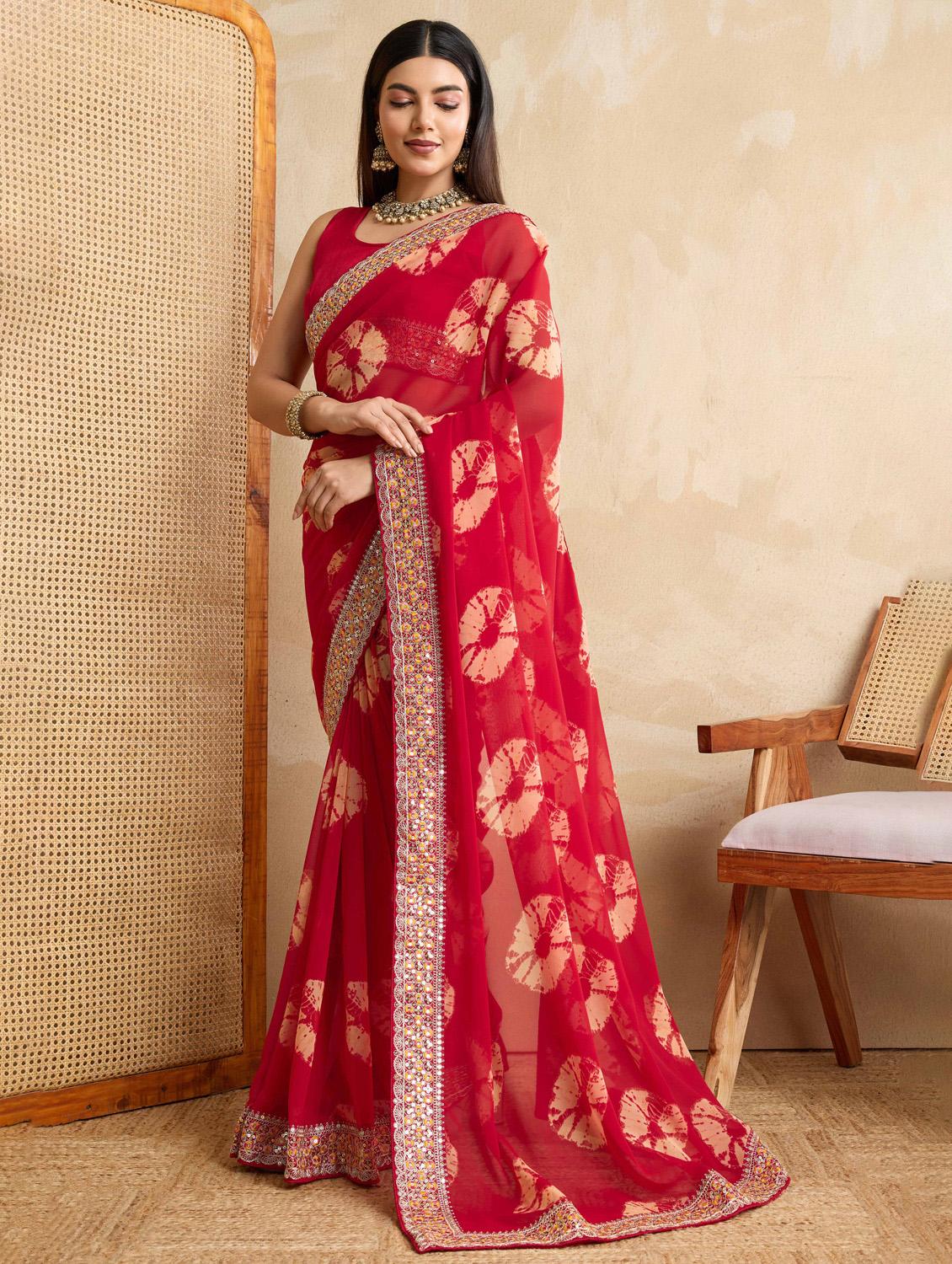 women tie & dye printed bordered saree with blouse - 22021338 - Standard Image - 1