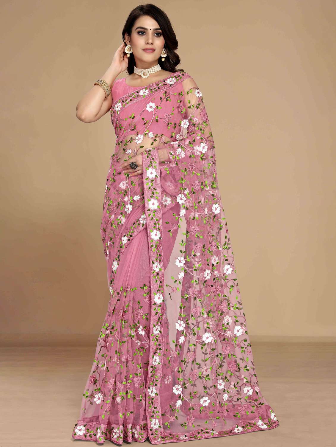 women floral embroidered saree with blouse