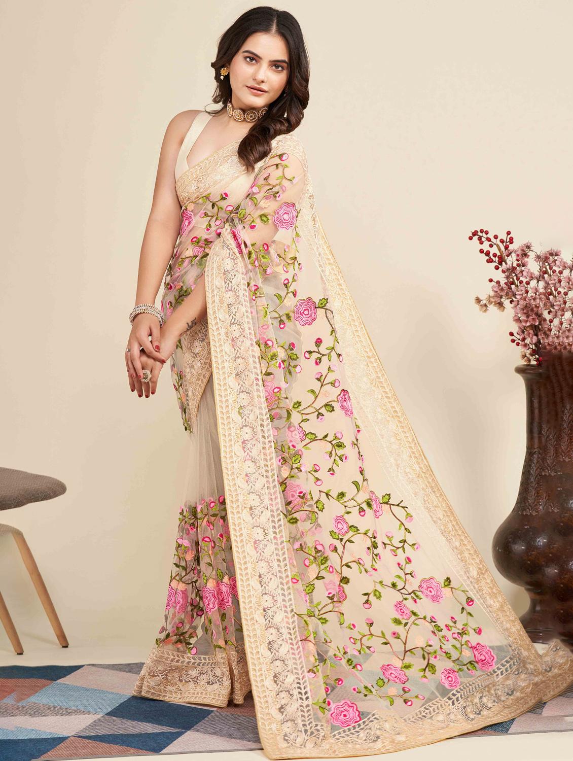 women floral embroidered saree with blouse - 22021357 -  Standard Image - 1