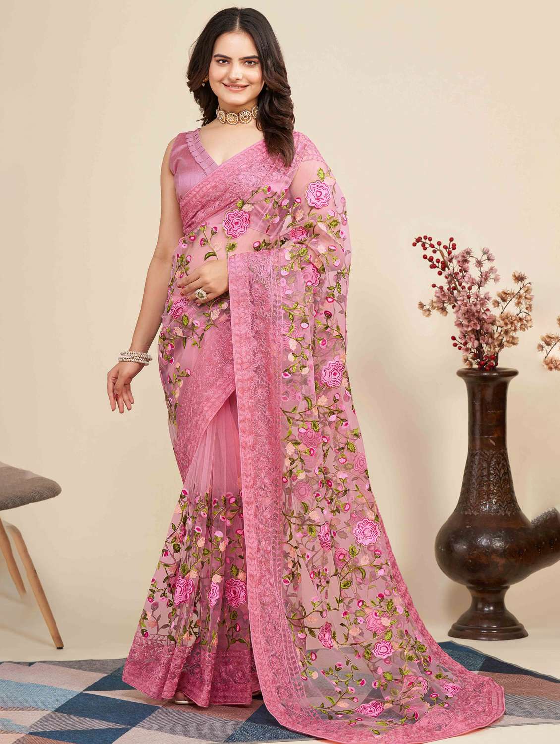 women floral embroidered saree with blouse - 22021358 -  Zoom Image - 0