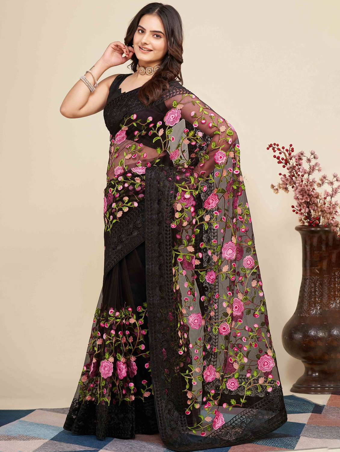 women floral embroidered saree with blouse - 22021361 -  Standard Image - 1