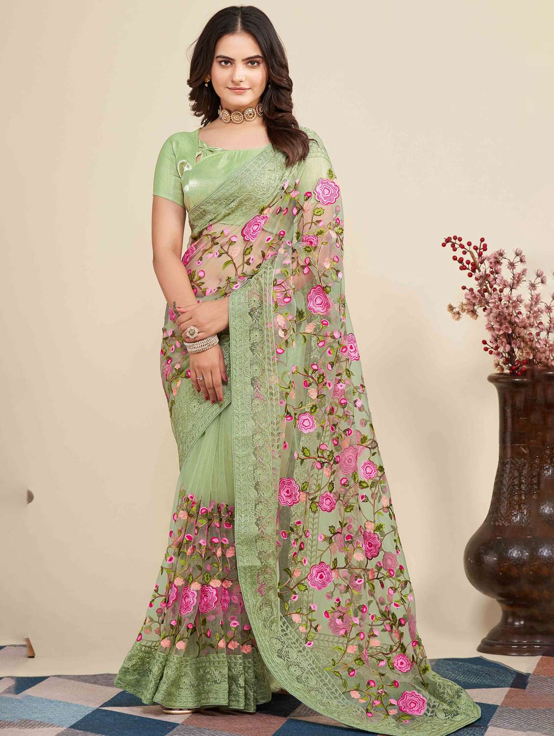 women floral embroidered saree with blouse