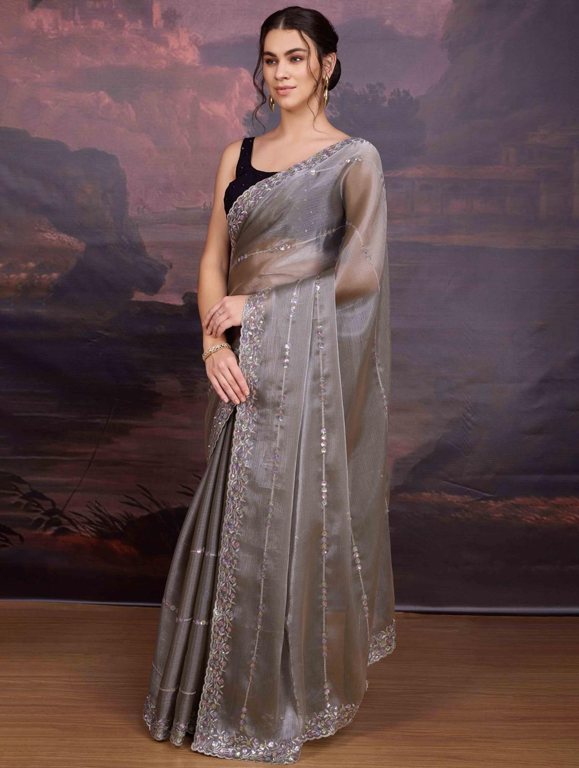 women solid with work embroidered saree with blouse - 22021372 - Standard Image - 1