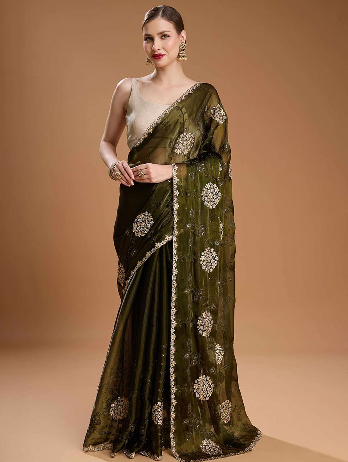 women solid with work embroidered saree with blouse