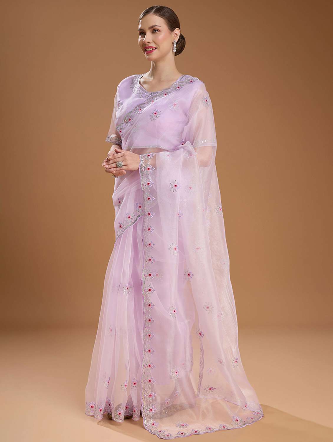 women solid with work embroidered saree with blouse - 22021382 -  Standard Image - 1