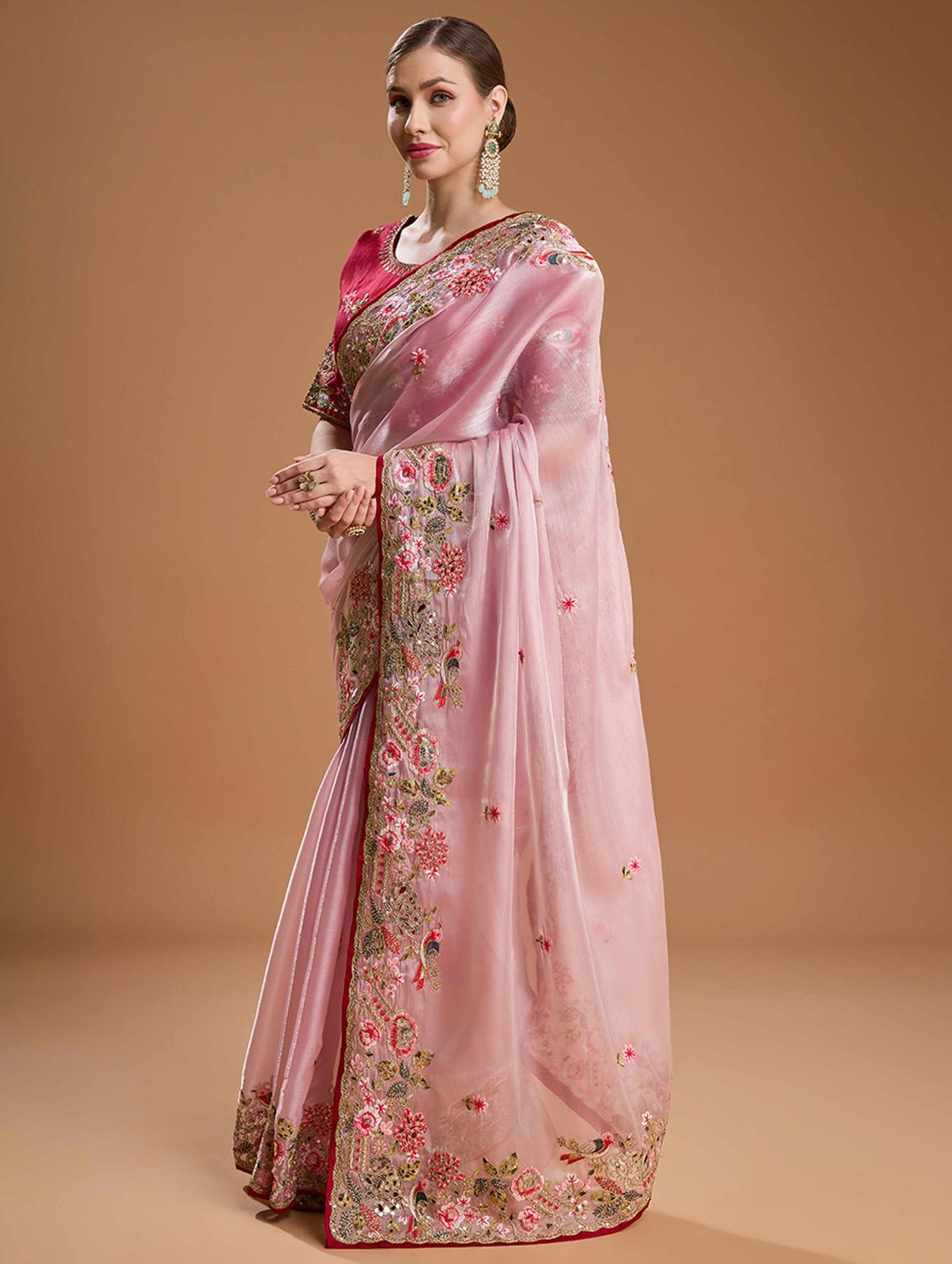 women solid with work embroidered saree with blouse - 22021383 - Standard Image - 1