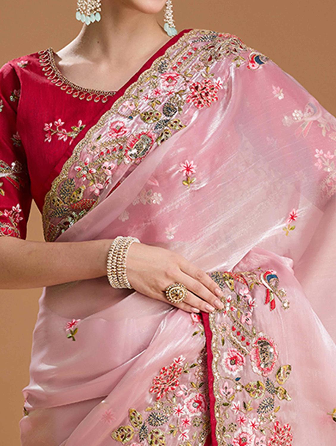 women solid with work embroidered saree with blouse - 22021383 - Standard Image - 4