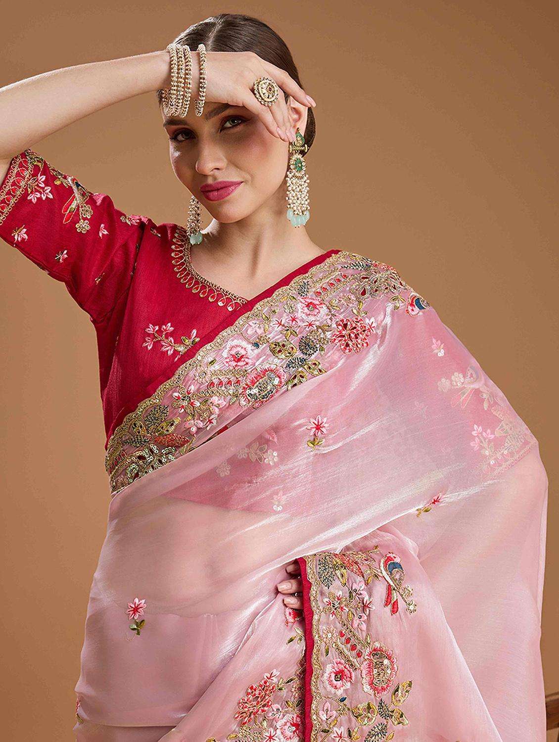 women solid with work embroidered saree with blouse - 22021383 -  Standard Image - 4