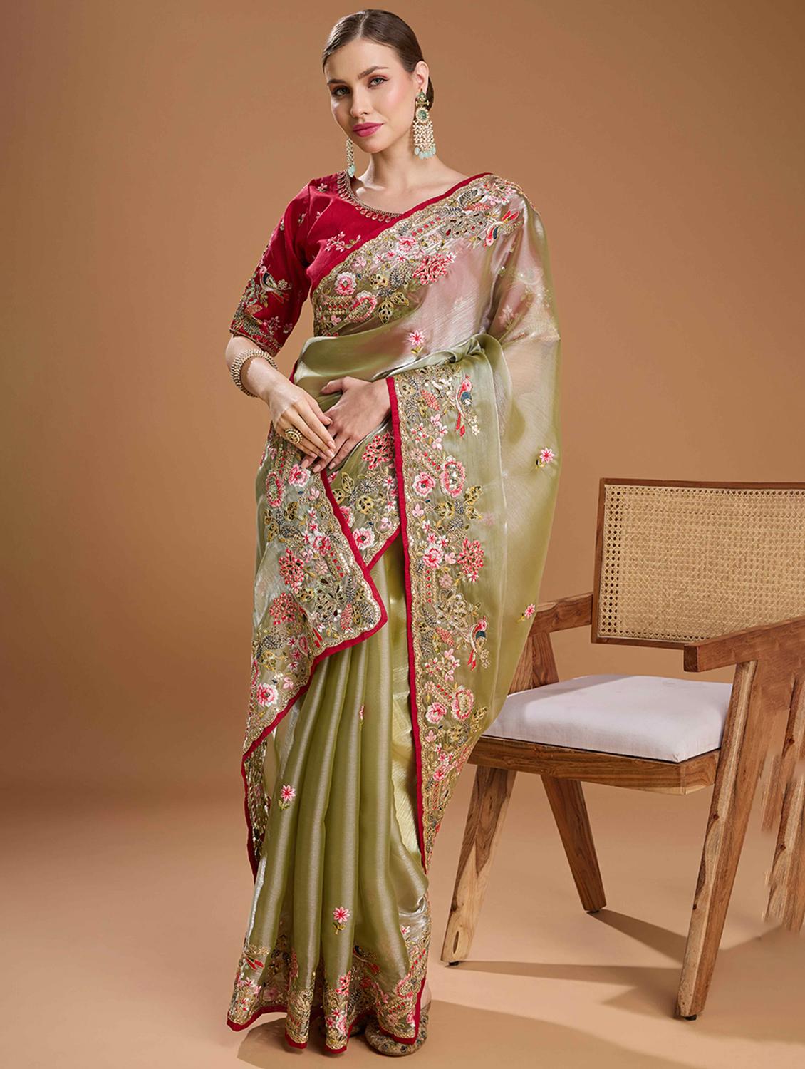 women solid with work embroidered saree with blouse - 22021384 - Standard Image - 1
