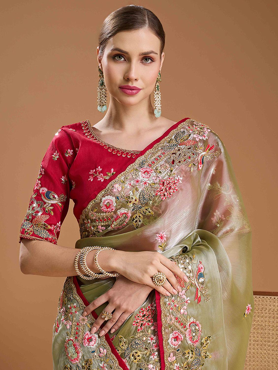women solid with work embroidered saree with blouse - 22021384 - Standard Image - 4