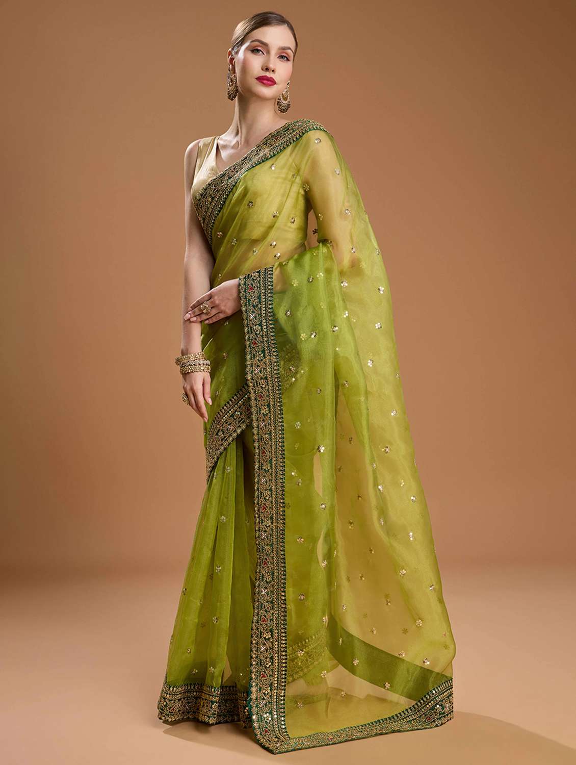 women solid with work bordered saree with blouse - 22021392 -  Standard Image - 1