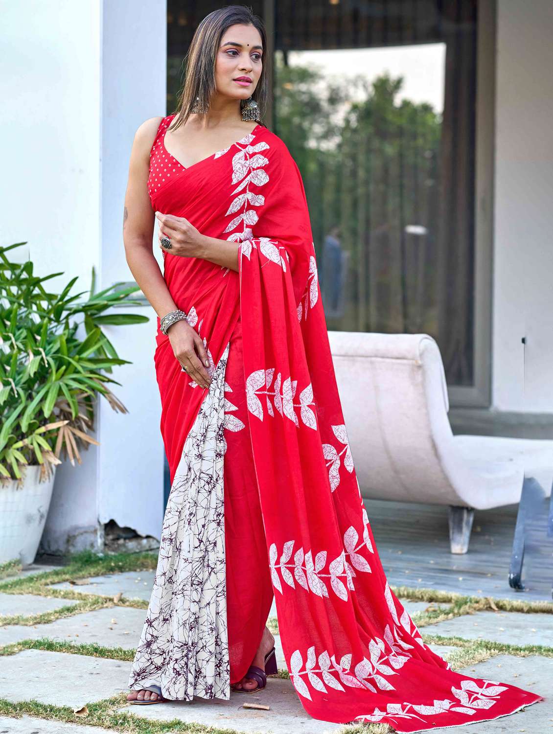women printed half & half saree with blouse