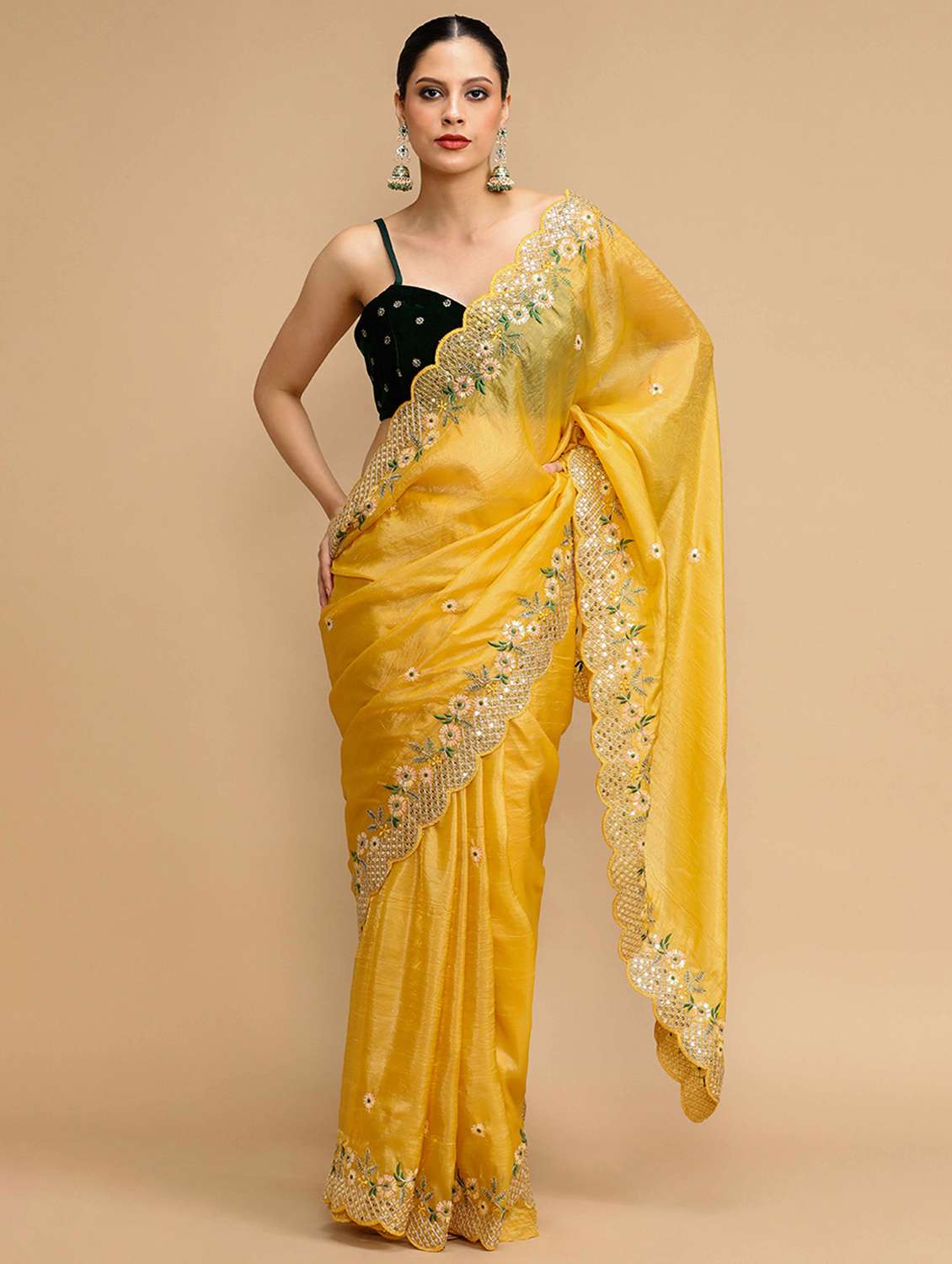 women solid with work embroidered saree with blouse