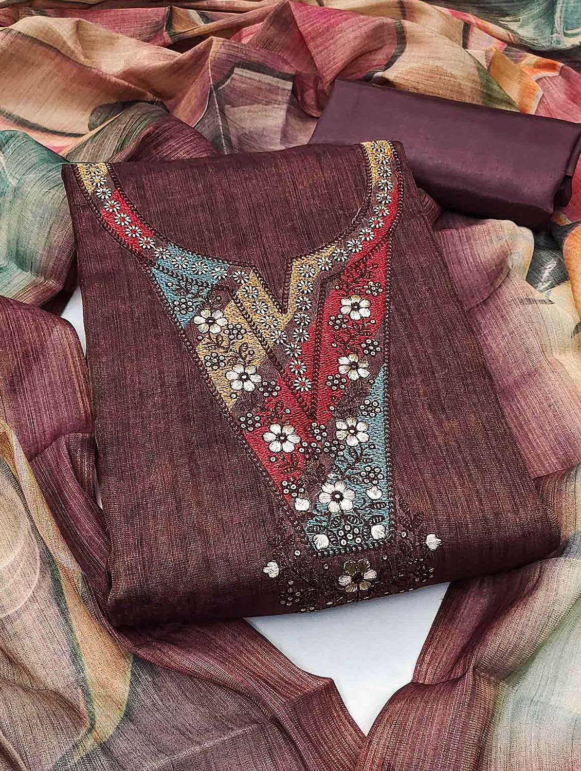 women solid with work embroidered unstitched suit set