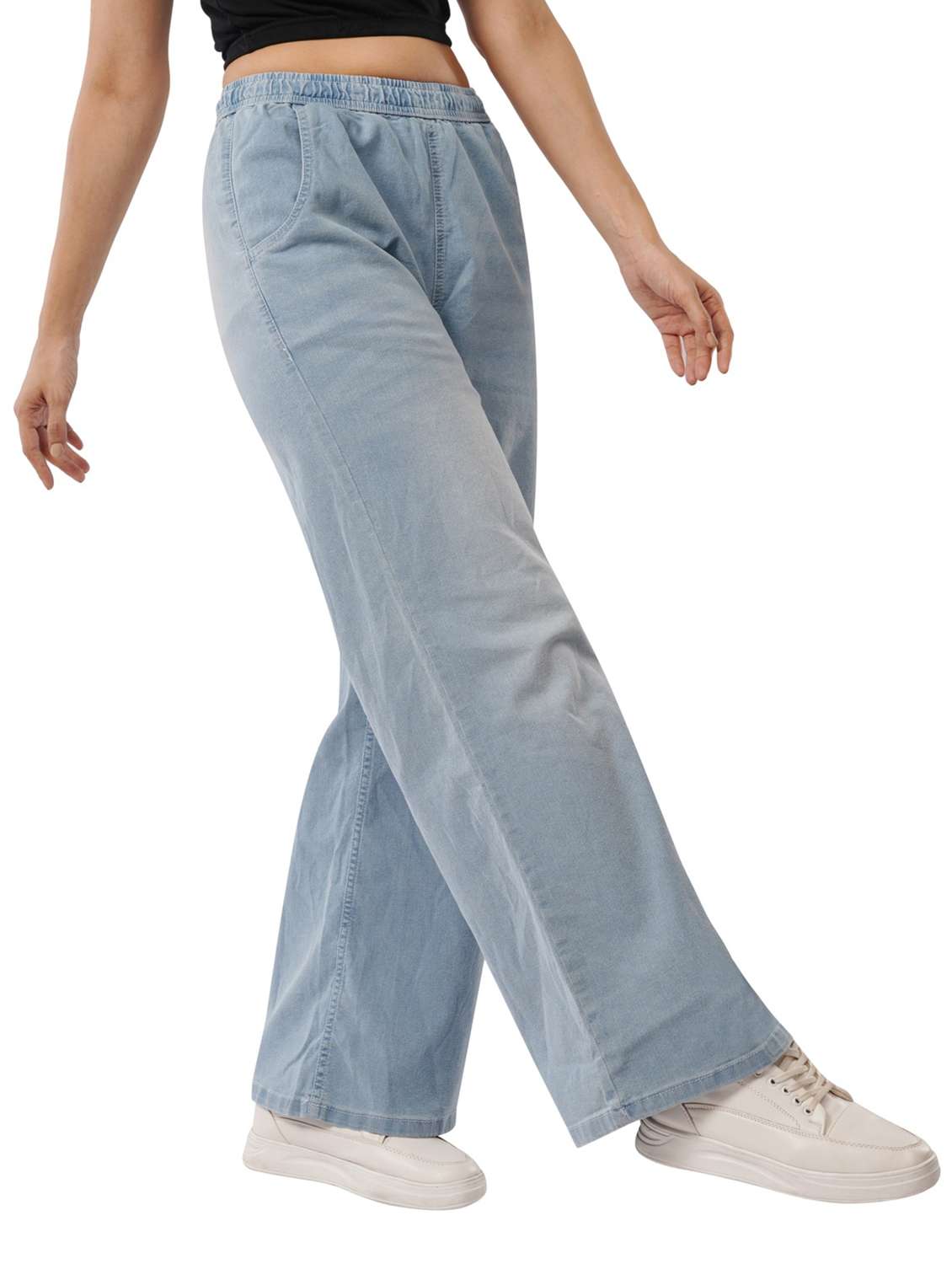 women solid high rise wide leg denim trouser - 22021657 -  Standard Image - 1