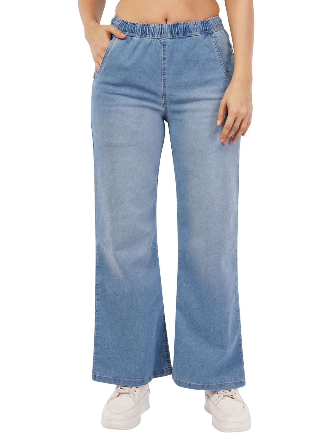 women solid wide leg denim trouser