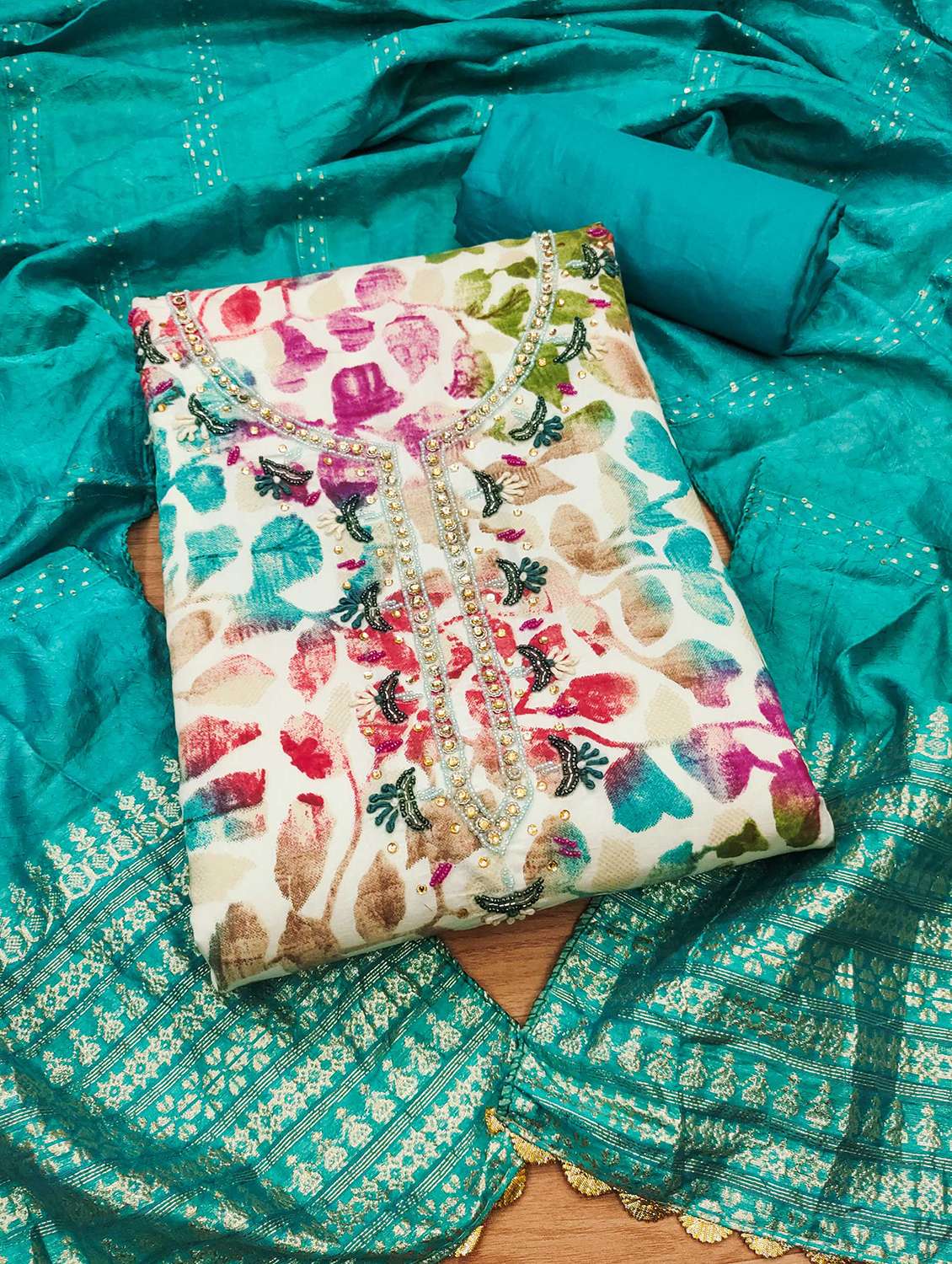 women printed embroidered unstitched suit set - 22022442 -  Standard Image - 1