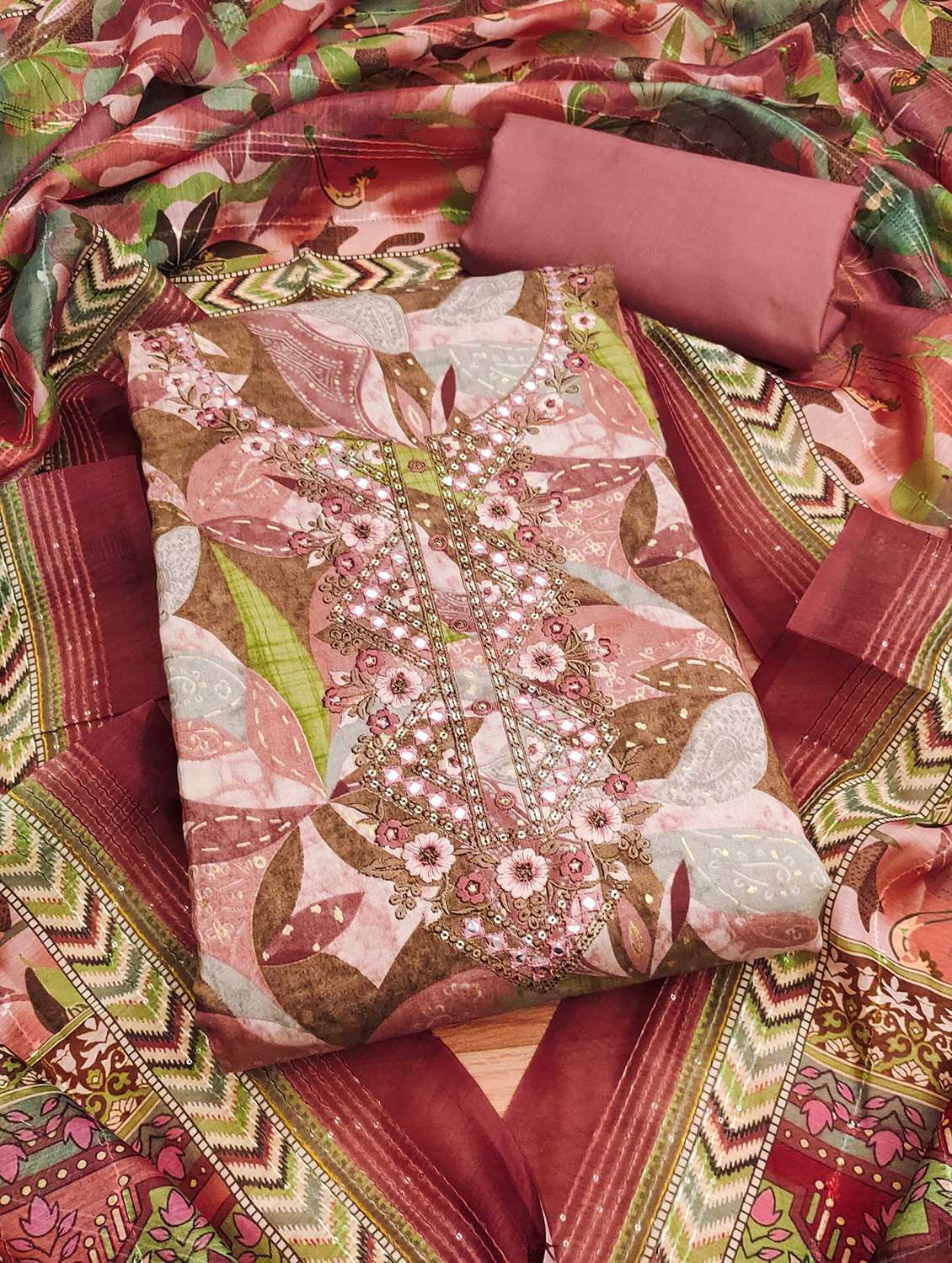 women printed embroidered unstitched suit set - 22022446 -  Standard Image - 1