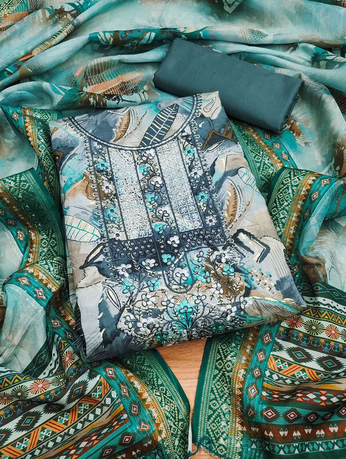 women floral printed embroidered unstitched suit set - 22022450 -  Standard Image - 1