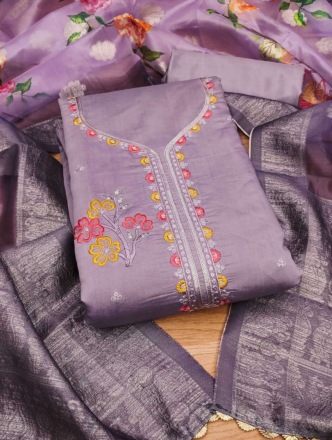 women solid with work embroidered unstitched suit set - 22022456 -  Standard Image - 1