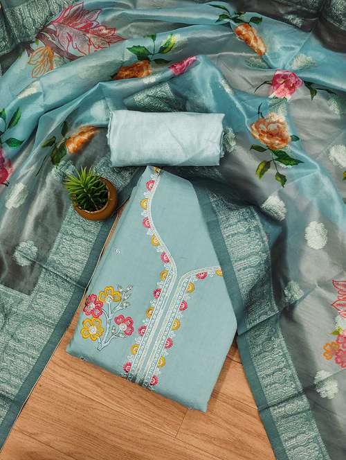women solid with work embroidered unstitched suit set - 22022458 -  Standard Image - 0