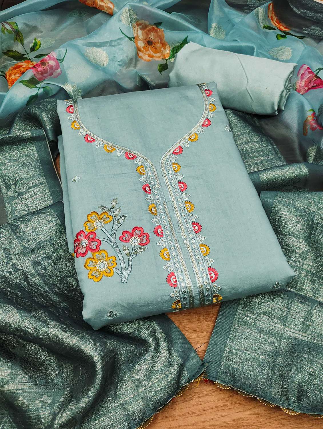 women solid with work embroidered unstitched suit set - 22022458 -  Standard Image - 1