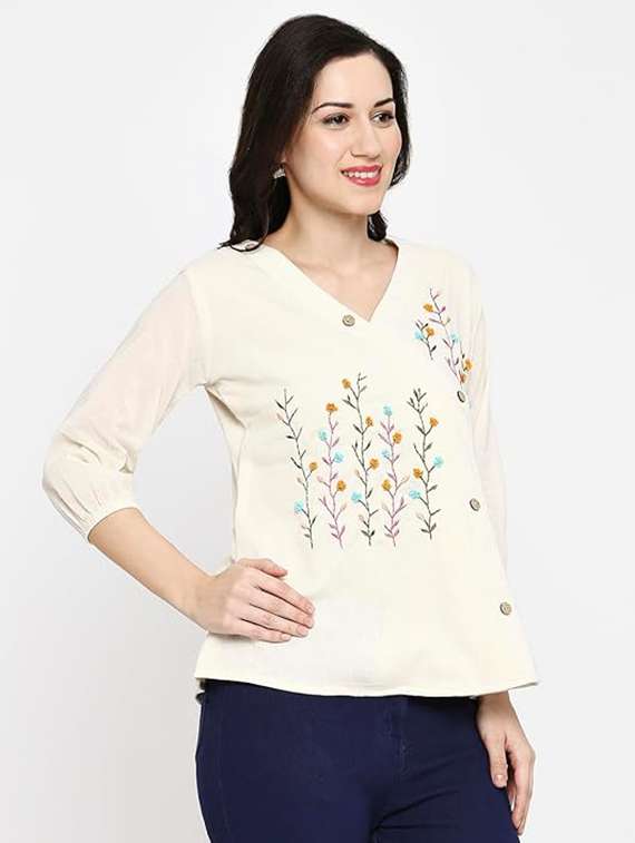 women embroidered three quarter sleeve ethnic top - 22022465 -  Standard Image - 1