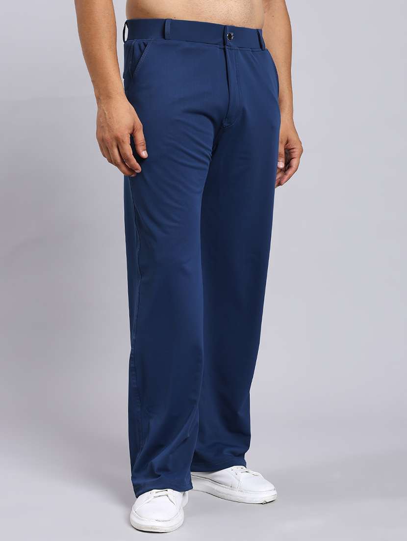 relaxed fit navy blue lycra blend trousers - 22022471 -  Standard Image - 1