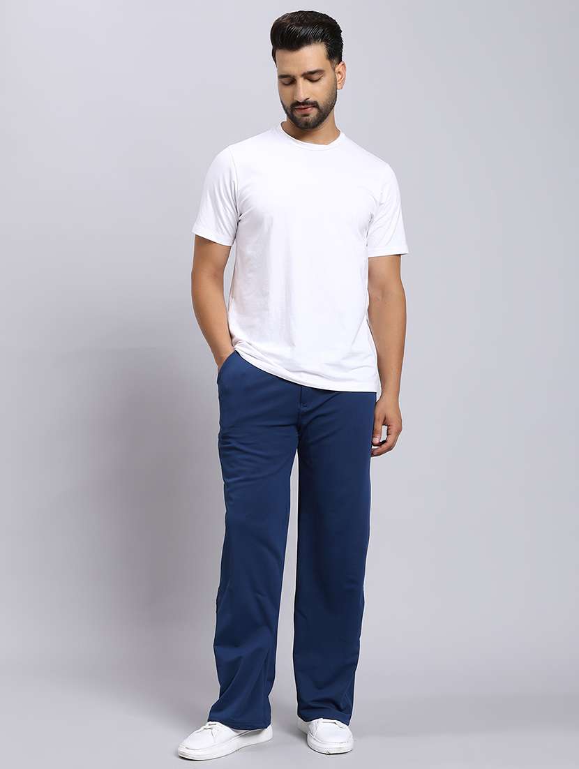 relaxed fit navy blue lycra blend trousers - 22022471 -  Standard Image - 4