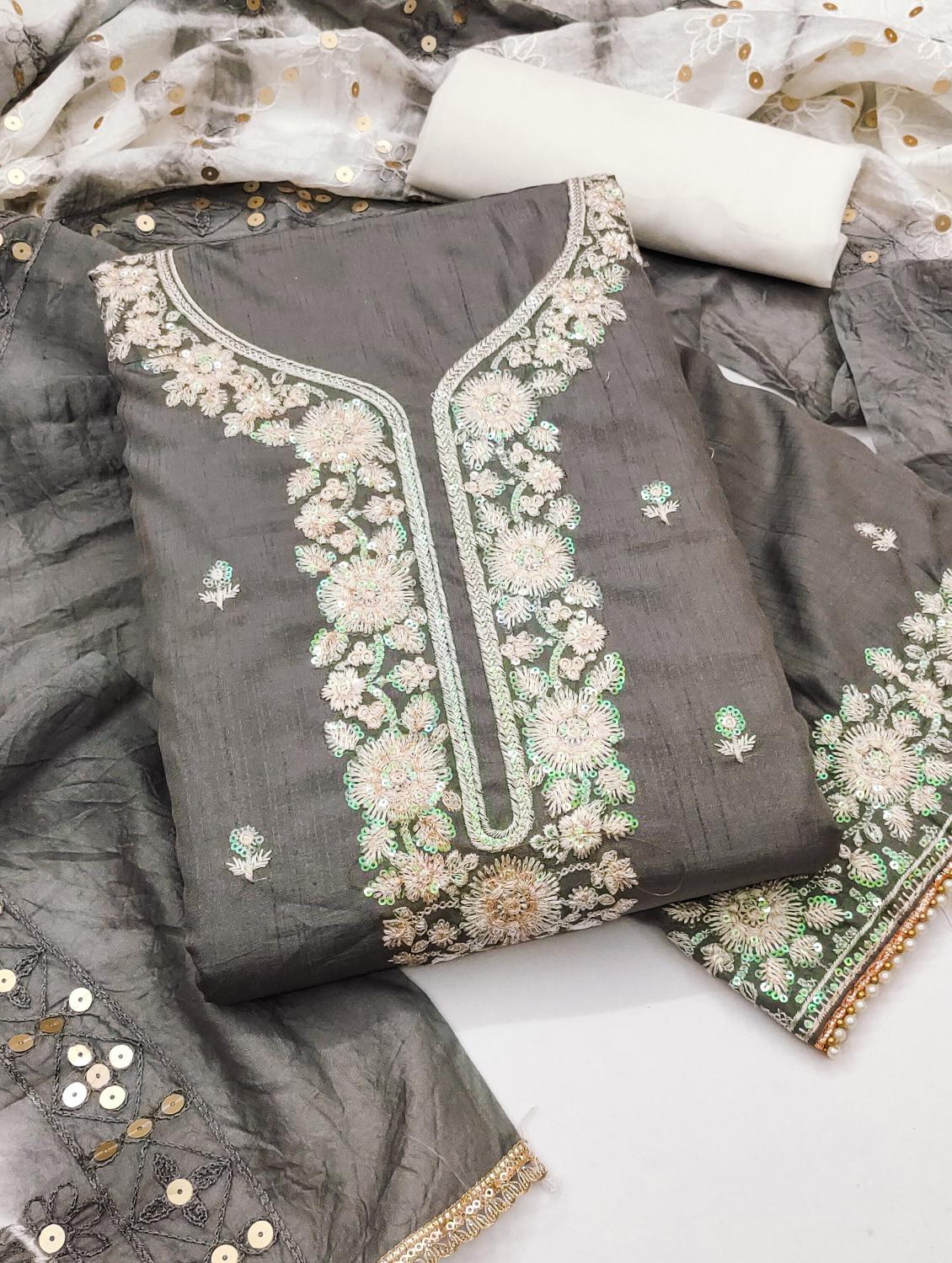 women solid with work embroidered unstitched suit set - 22022473 - Standard Image - 1