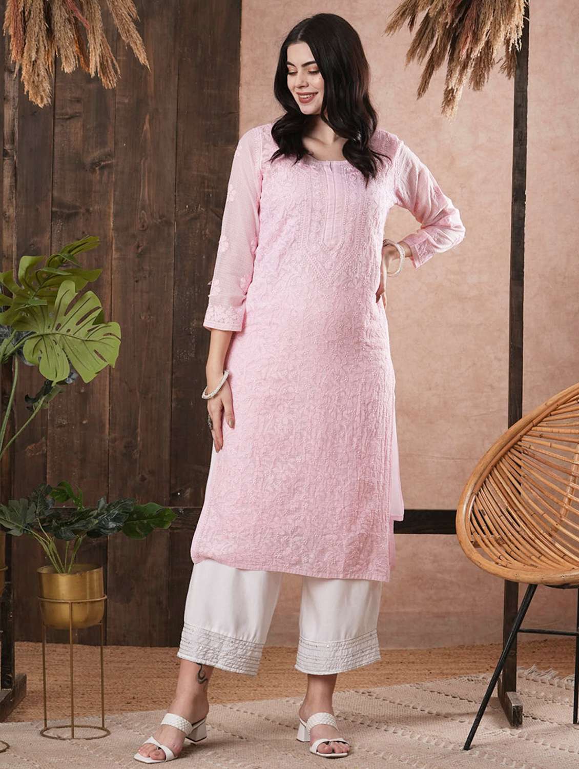 women chikankari three quarter sleeve straight kurta