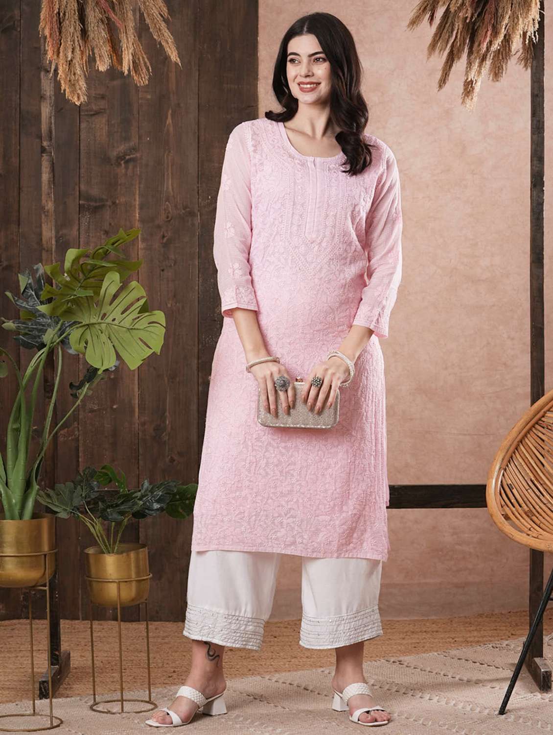 women chikankari three quarter sleeve straight kurta - 22022482 -  Standard Image - 1