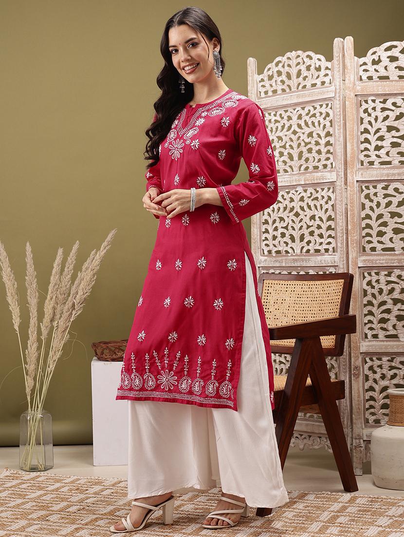 women chikankari three quarter sleeve straight kurta - 22022537 -  Standard Image - 1