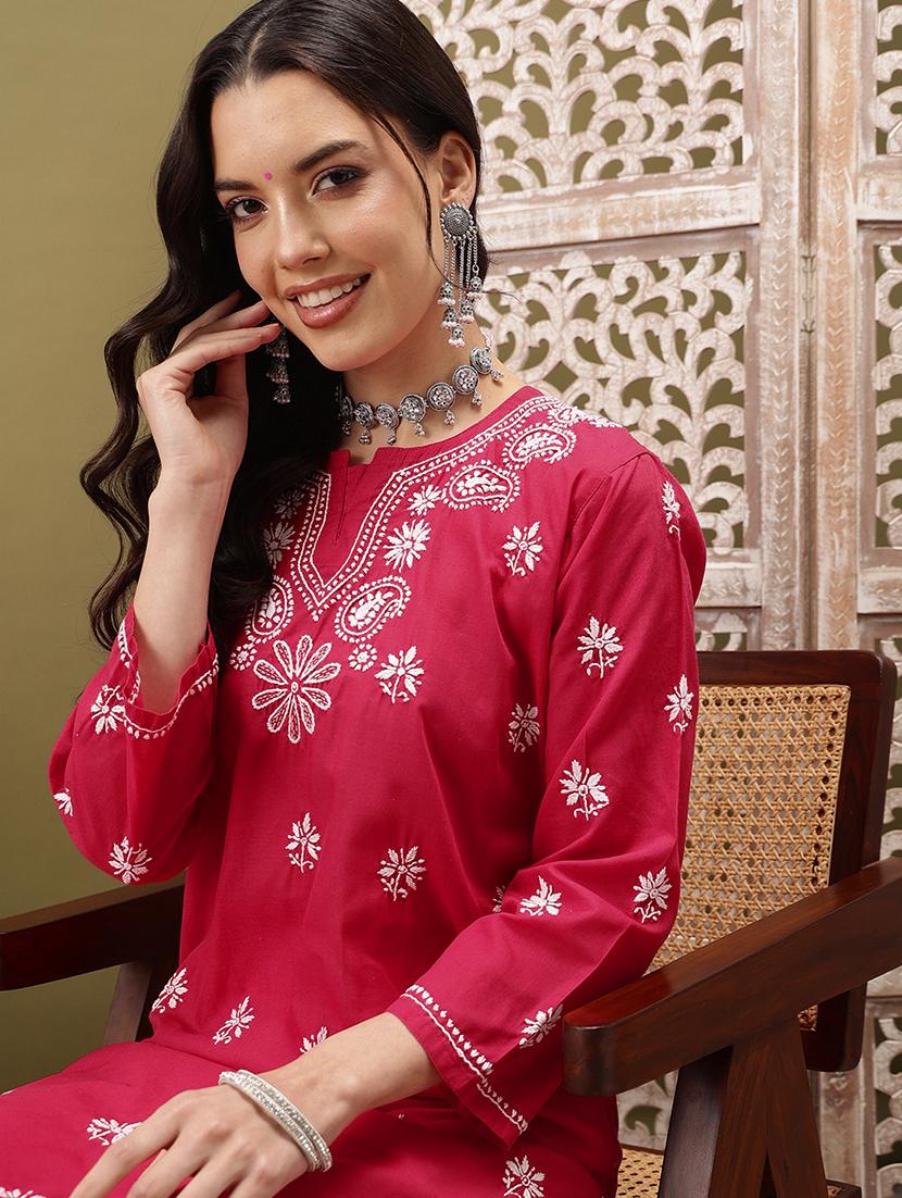 women chikankari three quarter sleeve straight kurta - 22022537 - Standard Image - 4