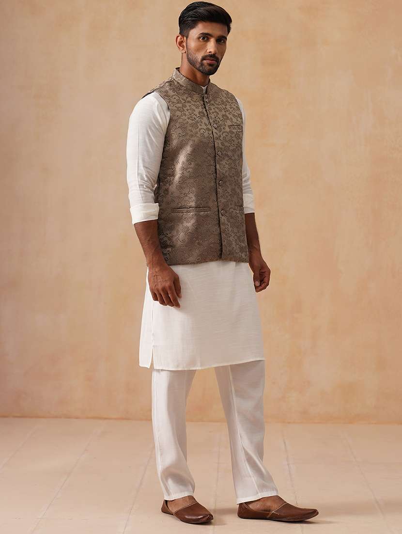 men self designed mandarin collar nehru jacket - 22022539 -  Standard Image - 1