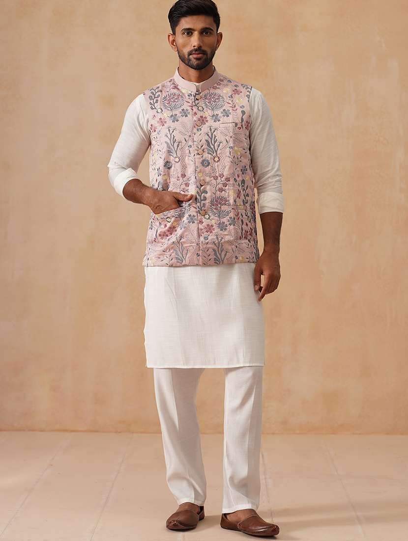 men embroidered mandarin collar nehru jacket